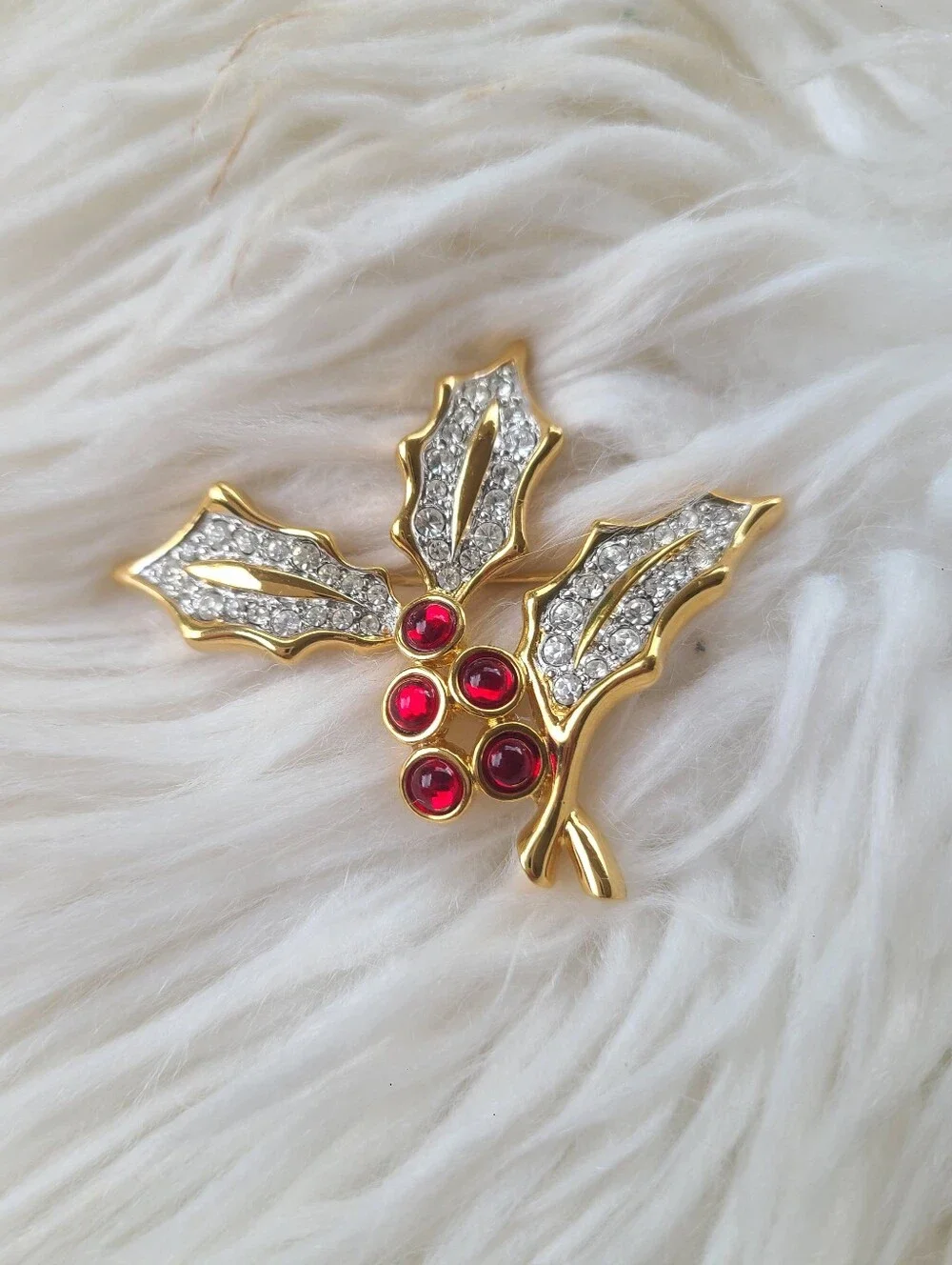 Swarovski Gold-Tone Holly Leaf Brooch W/ Red And Clear Crystals- Excellent Condi